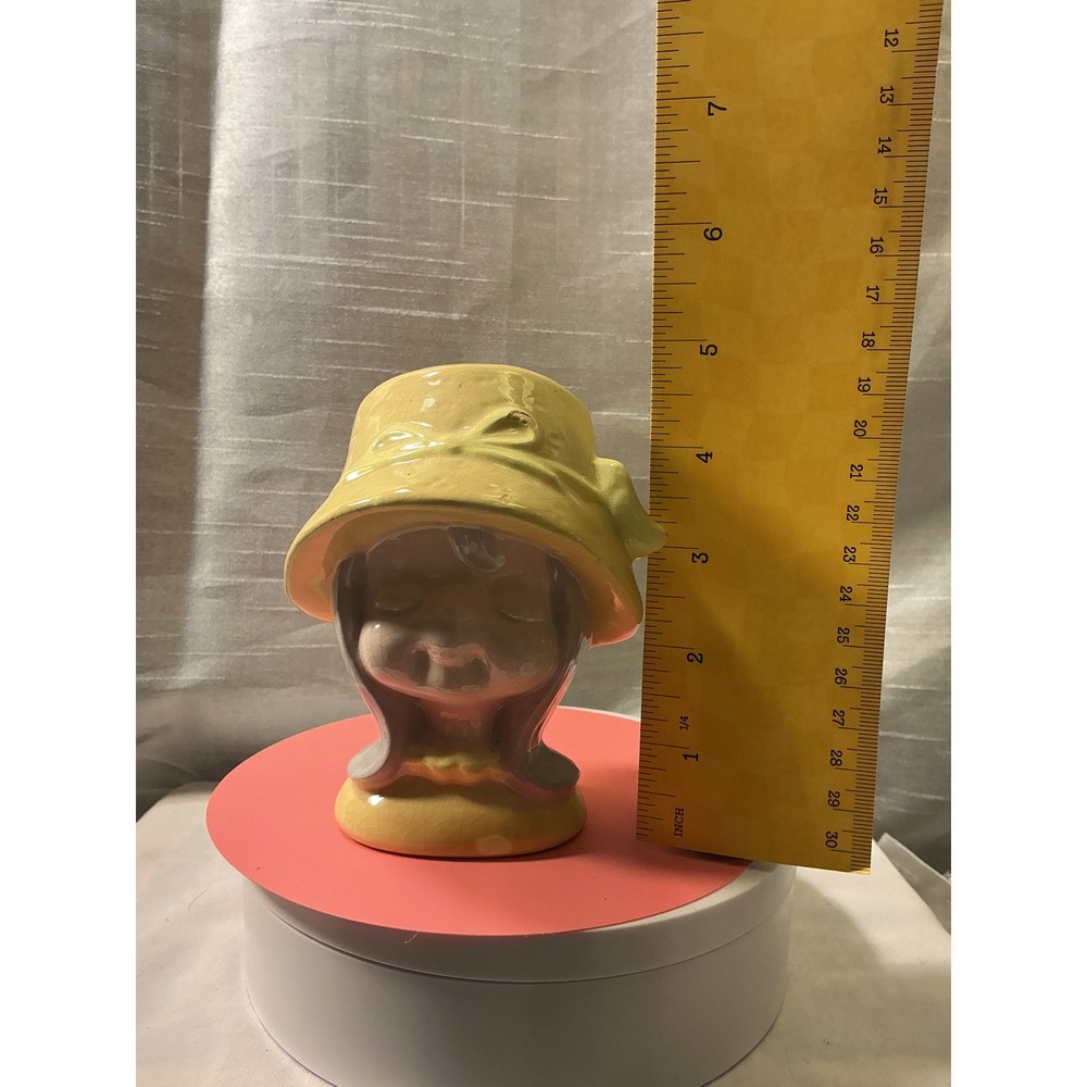 Vintage Ceramic Girl Head Vase Yellow Sun Hat Bow Mid Century Planter Kitsch 5in
